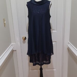 SLNY Navy Sleeveless Layered Lace Hem Knee-Length Dress